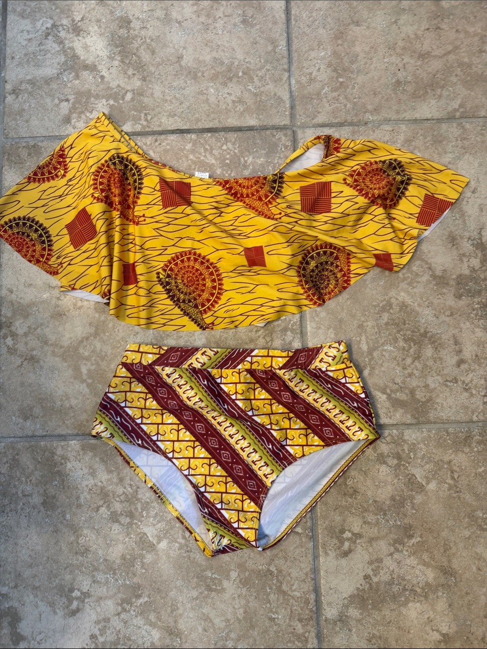 H&M Yellow and Red Patterned Off-Shoulder Two-Piece Set